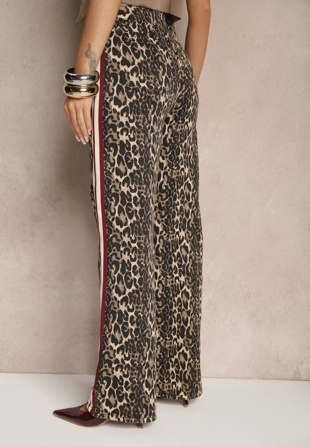 Renee - Beżowo-Brązowe Szerokie Bawełniane Jeansy z Lampasami Anilora. Okazja: na co dzień. Kolor: brązowy. Wzór: motyw zwierzęcy. Styl: glamour, klasyczny, casual