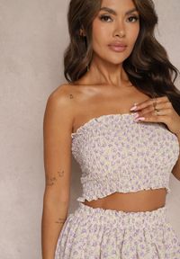 Renee - Beżowo-Różowy 2-Częściowy Komplet Marszczony Top Bandeau Szorty Imitujące Spódnicę z Gumką Qalifea. Kolor: beżowy. Materiał: tkanina #2