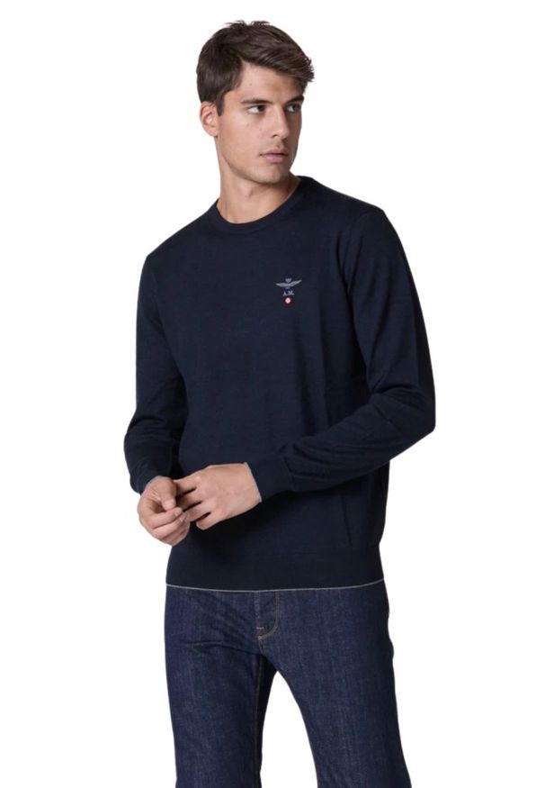 Aeronautica Militare - AERONAUTICA MILITARE Granatowy sweter męski Merino. Kolor: niebieski