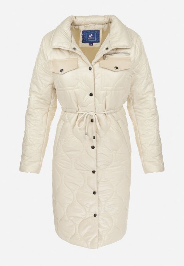 Born2be - Beżowa Kurtka za Kolano z Kołnierzem Pikowana Chloime. Kolor: beżowy. Materiał: materiał