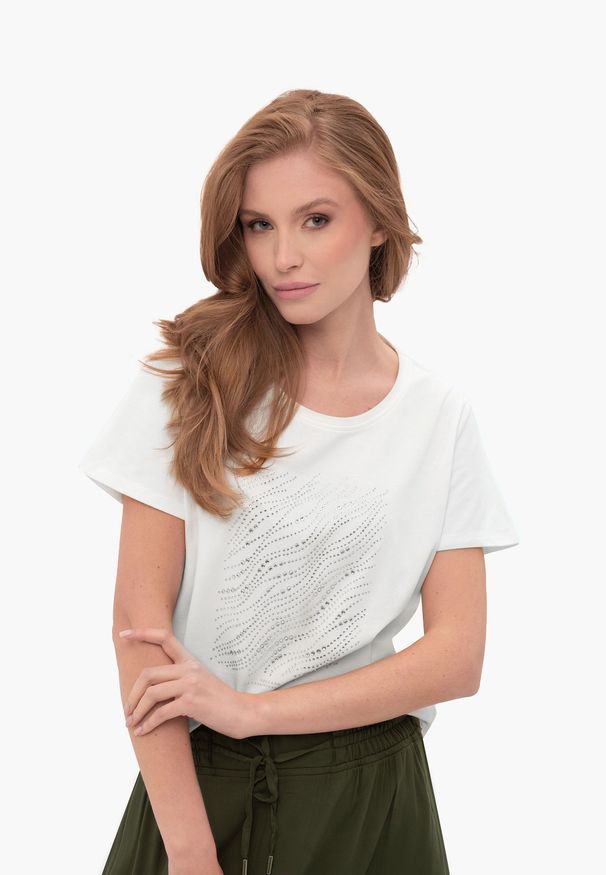 Volcano - Koszulka z dżetami T-PRESTO. Kolor: kremowy. Materiał: bawełna, materiał, elastan. Długość rękawa: krótki rękaw. Długość: krótkie. Wzór: aplikacja, nadruk. Styl: klasyczny