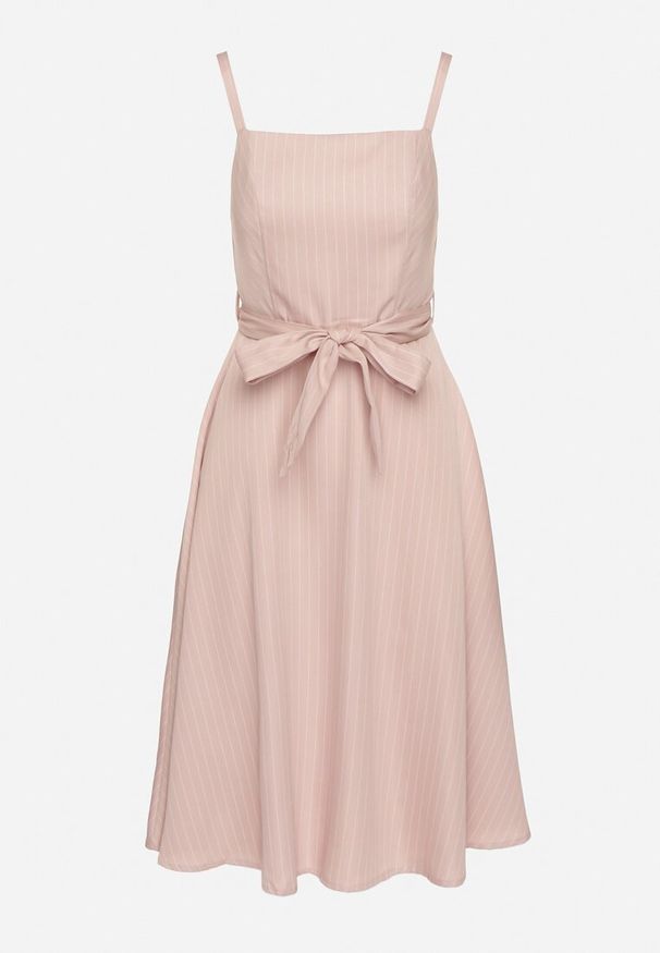 Born2be - Różowa Sukienka z Wiskozą ze Wzorem Pasków Dolereia. Okazja: na co dzień. Kolor: różowy. Materiał: wiskoza. Długość rękawa: na ramiączkach. Styl: casual, klasyczny. Długość: midi