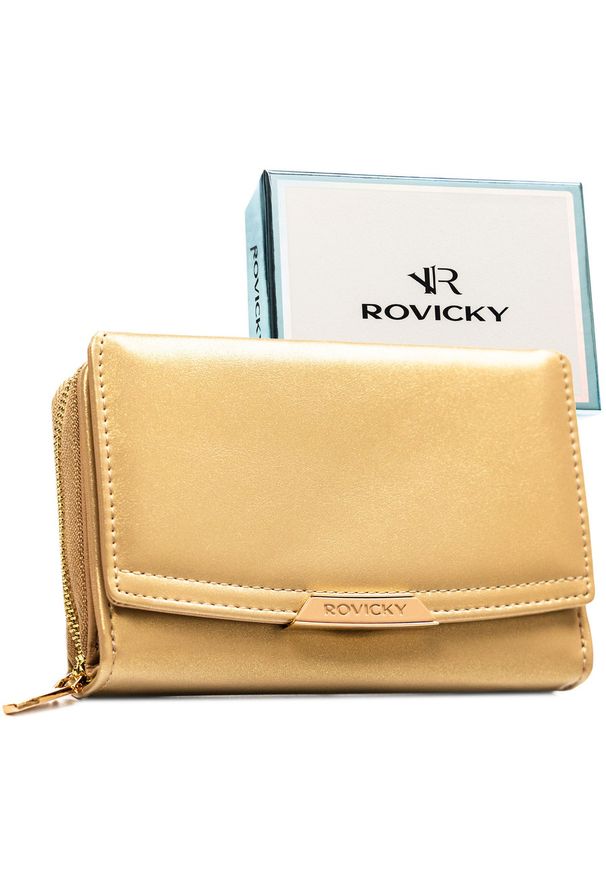 ROVICKY - Średni, ciemnobeżowy portfel damski ze skóry ekologicznej, model mieszczący dowód rejestracyjny - Rovicky. Kolor: beżowy. Materiał: skóra ekologiczna