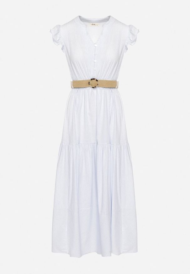 Born2be - Jasnoniebieska Bawełniana Sukienka Boho o Rozkloszowanym Kroju z Paskiem z Klamrą Iffalisse. Okazja: na spacer. Kolor: niebieski. Materiał: bawełna. Wzór: aplikacja. Typ sukienki: rozkloszowane. Styl: boho