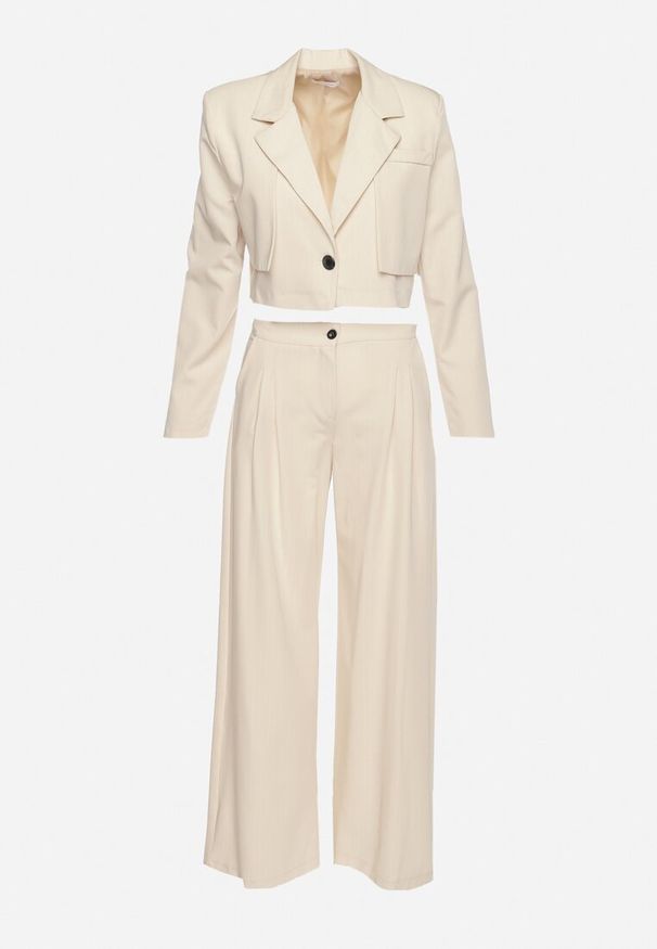 Born2be - Beżowy Komplet Garniturowy z Krótką Marynarką i Szerokimi Spodniami Laoisetta. Kolor: beżowy. Materiał: materiał. Wzór: paski