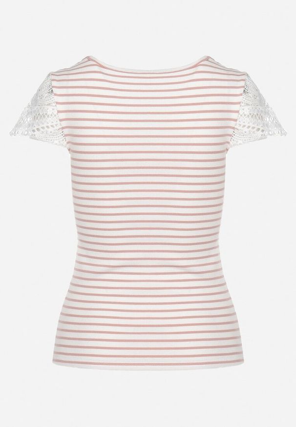 Born2be - Różowo-Biały Bawełniany T-shirt z Prążkowanego Materiału z Koronkowym Dekoltem i Rękawkami Hyacintia. Okazja: na randkę, na co dzień. Kolor: różowy. Materiał: bawełna, materiał, prążkowany, koronka. Długość rękawa: krótki rękaw. Długość: krótkie. Styl: casual