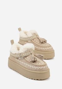 Born2be - Beżowe Śniegowce na Grubej Podeszwie z Frędzlami i Haftem Linodis. Okazja: na spacer, na co dzień. Kolor: beżowy. Materiał: jeans. Wzór: haft. Sezon: jesień. Styl: casual #2