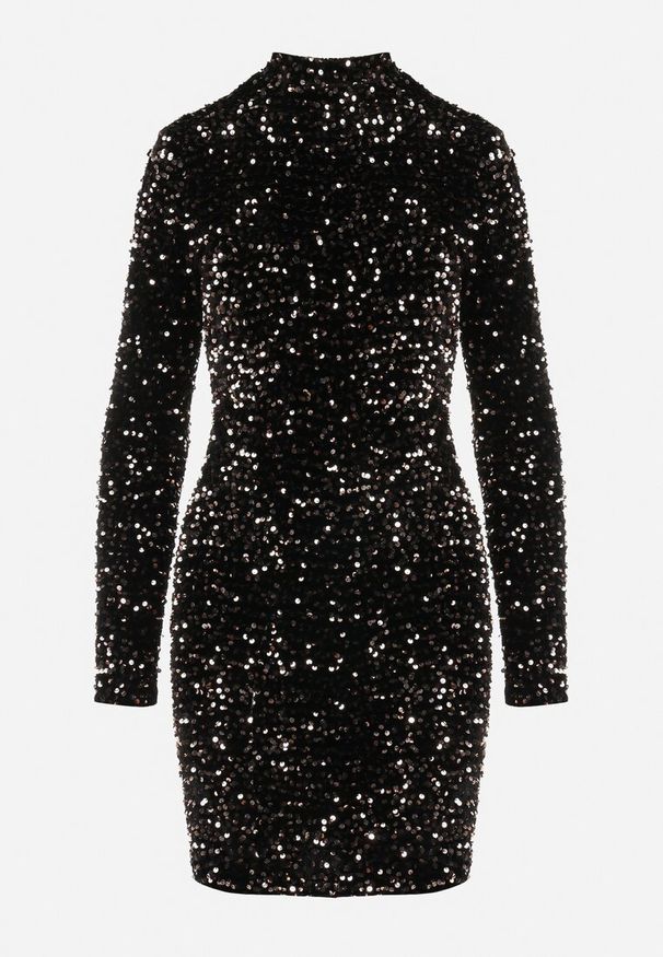 Born2be - Czarno-Złota Dopasowana Sukienka Mini z Półgolfem Zdobiona Cekinami Jurottja. Kolor: czarny. Długość rękawa: długi rękaw. Wzór: aplikacja. Typ sukienki: proste. Długość: mini