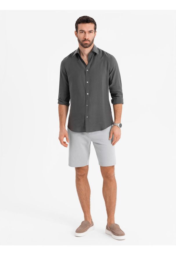 Ombre Clothing - Męskie szorty ze strukturalnej dzianiny SLIM FIT – jasnoszare V4 - Rozmiar: XL. Okazja: na co dzień. Kolor: szary. Materiał: dzianina. Wzór: jednolity. Styl: klasyczny, wakacyjny, sportowy, casual