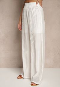 Renee - Białe Spodnie Palazzo High Waist z Szeroką Nogawką i Gumką w Talii Jenarielis. Okazja: na co dzień. Stan: podwyższony. Kolor: biały. Styl: casual #3