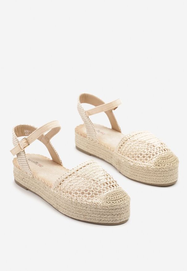 Renee - Beżowe Sandały w Stylu Espadryli z Plecioną Platformą i Cholewką Elisova. Okazja: na spacer, na plażę. Zapięcie: sprzączka. Kolor: beżowy. Sezon: lato. Obcas: na platformie. Styl: elegancki, klasyczny. Wysokość obcasa: średni