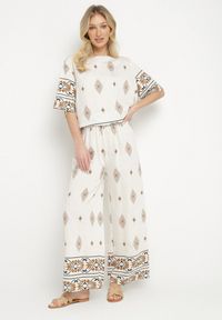 Born2be - Beżowy Komplet Wiskozowy Bluzka i Spodnie w Boho Wzór Divenna. Kolor: beżowy. Materiał: wiskoza. Wzór: aplikacja #3