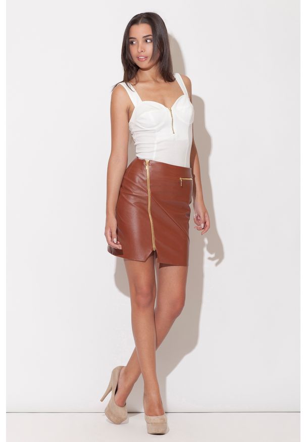 Katrus - Brązowa Mini Spódnica z Długim Asymetrycznym Suwakiem. Kolor: brązowy. Materiał: poliester, elastan. Długość: długie