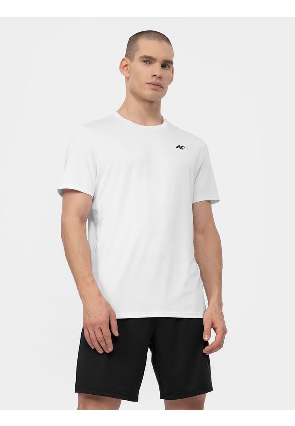 4f - Koszulka treningowa regular szybkoschnąca męska. Kolor: biały. Materiał: dzianina, włókno