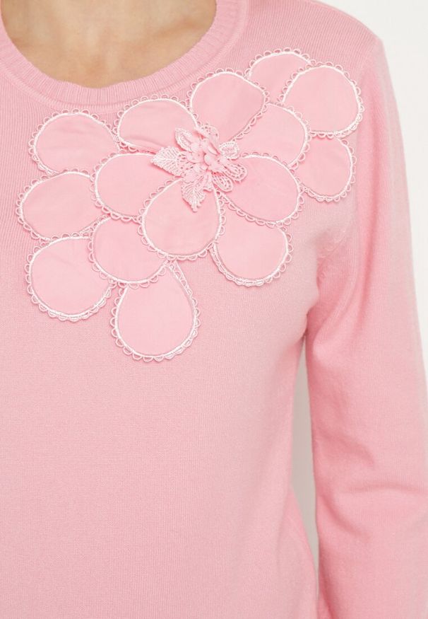 Born2be - Różowy Sweter z Wiskozą Modalem i Aplikacjami 3D Esalttia. Okazja: na co dzień. Kolor: różowy. Materiał: wiskoza. Wzór: aplikacja. Sezon: zima, jesień. Styl: elegancki, casual