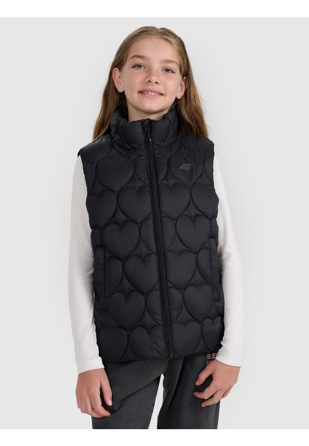4f - 4F Bezrękawnik puchowy z wypełnieniem syntetycznym dziewczęcy - czarny 152 (11-12 lat). Okazja: na spacer, na co dzień. Kolor: czarny. Materiał: puch, syntetyk. Długość rękawa: bez rękawów. Sezon: lato. Styl: casual, klasyczny