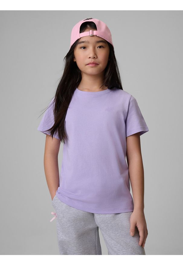4f - 4F T-shirt regular gładki dziewczęcy - fioletowy 152 (11-12 lat). Okazja: na uczelnię, na co dzień, na spacer. Kolor: fioletowy. Materiał: materiał, bawełna, jersey, jeans, dzianina, skóra. Wzór: gładki. Sezon: lato. Styl: klasyczny, casual