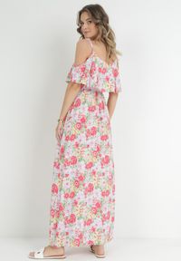 Born2be - Biało-Czerwona Sukienka Bawełniana w Kwiaty z Falbanką Janellie. Kolor: biały. Materiał: bawełna. Długość rękawa: na ramiączkach. Wzór: kwiaty. Styl: wakacyjny. Długość: maxi #2