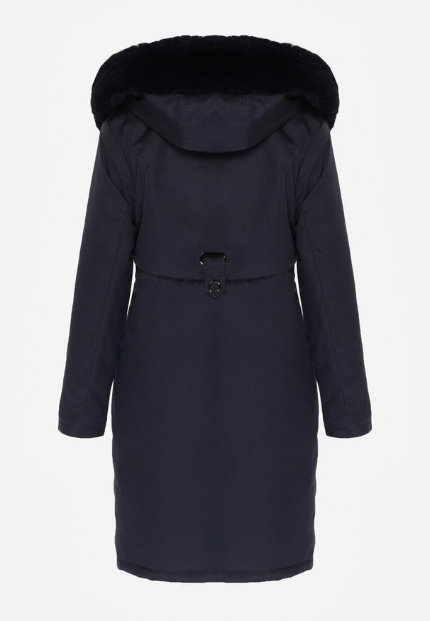 Born2be - Granatowa Kurtka za Kolano ze Ściągaczem i Kapturem z Futerkiem Adoresa. Okazja: na co dzień. Kolor: niebieski. Materiał: futro. Styl: casual