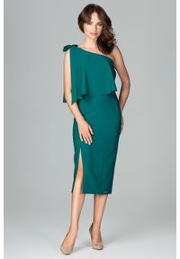 Lenitif - Koktajlowa ołówkowa sukienka na jedno ramię z falbaną zielona. Okazja: na wesele, na randkę, na ślub cywilny. Kolor: zielony. Materiał: tkanina. Typ sukienki: ołówkowe. Styl: wizytowy #2