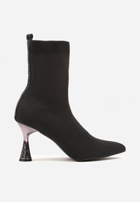 Renee - Czarne Wsuwane Botki Vices na Klepsydrzez Cyrkoniami Ashirria. Zapięcie: bez zapięcia. Kolor: czarny. Materiał: satyna, koronka, jeans. Wzór: aplikacja. Obcas: na obcasie. Wysokość obcasa: średni #7