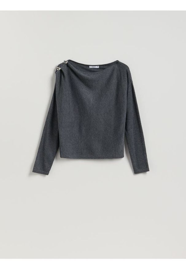 Reserved - Sweter z błyszczącą aplikacją - ciemnoszary. Kolor: szary. Materiał: dzianina, wełna. Wzór: aplikacja