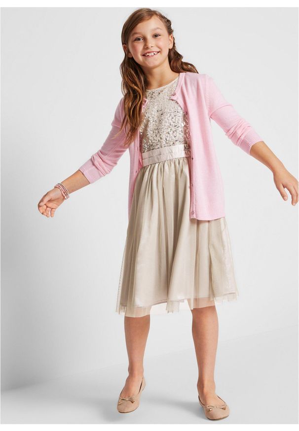 bonprix - Sukienka. Kolor: srebrny. Materiał: satyna. Wzór: aplikacja, kwiaty