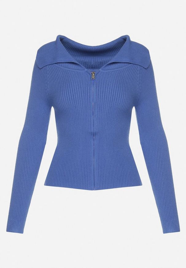 Born2be - Granatowy Dopasowany Kardigan w Prążki Zapinany na Suwak z Szerokim Kołnierzem Zinleina. Okazja: na co dzień, do pracy. Kolor: niebieski. Materiał: jeans. Wzór: prążki. Styl: elegancki, casual