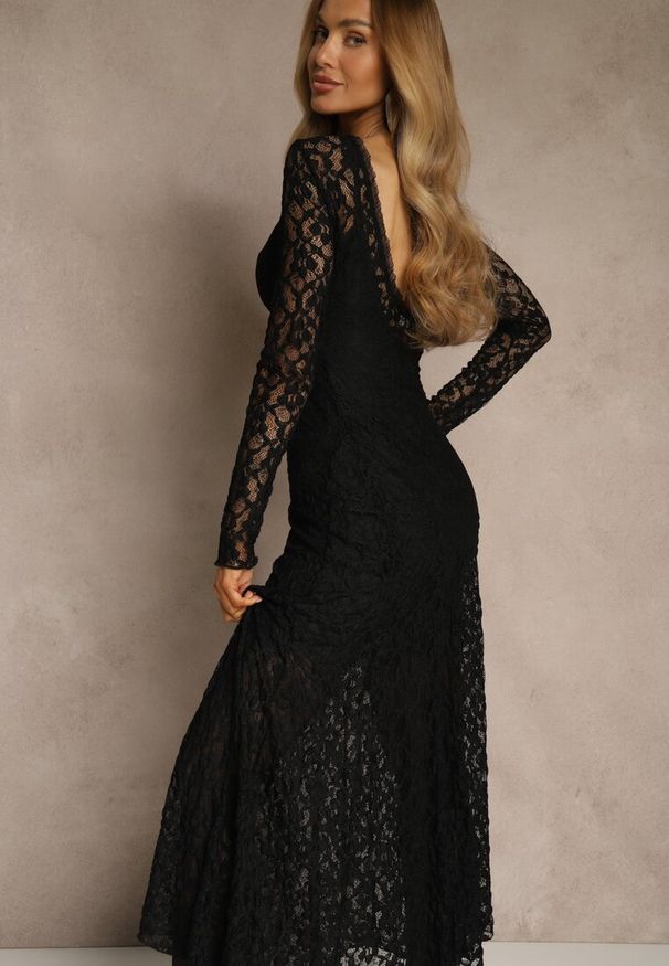Renee - Czarna Elegancka Sukienka z Koronki z Odkrytymi Plecami Lilafera. Okazja: na co dzień. Typ kołnierza: dekolt na plecach. Kolor: czarny. Materiał: koronka. Długość rękawa: na ramiączkach. Wzór: koronka. Styl: elegancki
