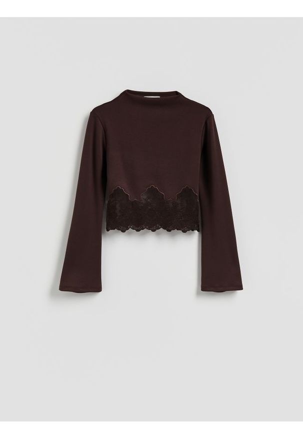 Reserved - Bluzka z koronką - ciemnobrązowy. Kolor: brązowy. Materiał: koronka. Wzór: koronka