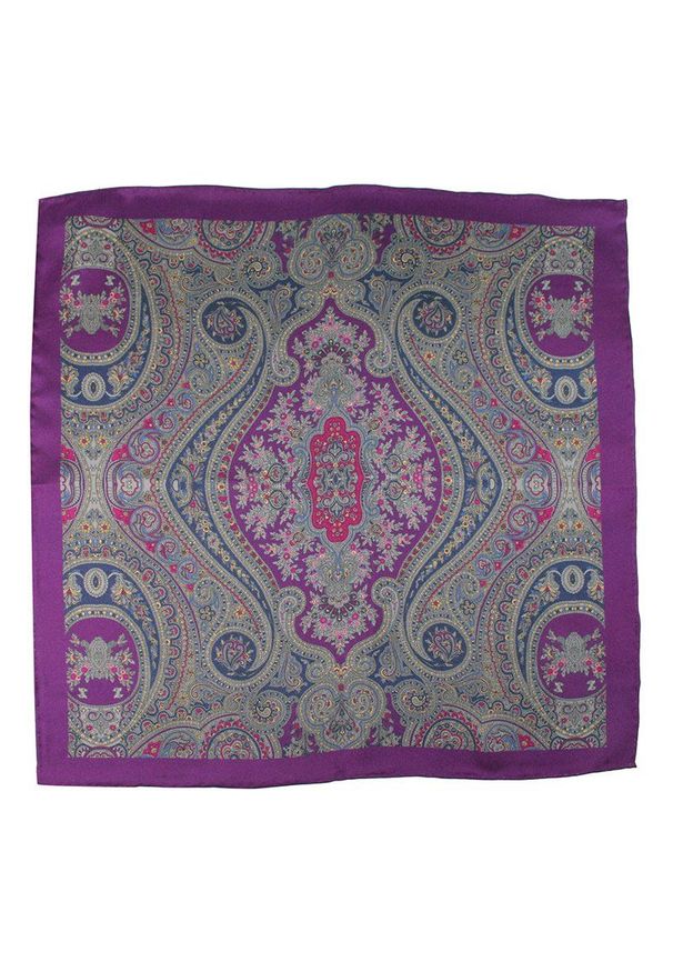 Fioletowa Jedwabna Elegancka Męska Poszetka -EM Men's Accessories- Wzór Orientalny. Kolor: fioletowy. Materiał: jedwab