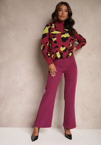 Renee - Ciemnofioletowe Szerokie Spodnie Materiałowe High Waist Dinnes. Stan: podwyższony. Kolor: fioletowy. Materiał: materiał. Wzór: gładki