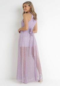 Born2be - Fioletowa Koktajlowa Sukienka z Gumką w Talii z Metaliczną Nicią Lilyan. Kolor: fioletowy. Wzór: aplikacja. Styl: wizytowy. Długość: maxi #2