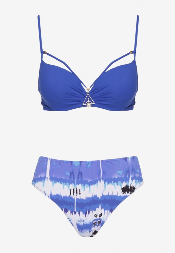 Renee - Niebieskie Bikini Majtki Figi i Biustonosz Push-Up Ozdobiony Paskami Wiobella. Kolor: niebieski. Wzór: aplikacja