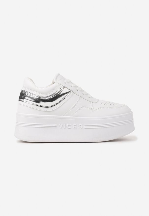Born2be - Biało-Srebrne Sznurowane Sneakersy Vices na Grubej Podeszwie Ozdobiona Napisem Annalira. Okazja: na co dzień. Zapięcie: sznurówki. Kolor: biały. Materiał: jeans. Wzór: aplikacja, napisy. Obcas: na obcasie. Wysokość obcasa: niski