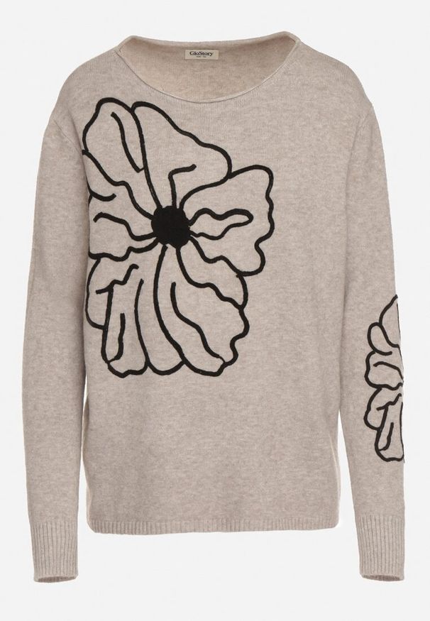 Born2be - Beżowy Sweter Ozdobiony Haftowanymi Kwiatami Halatusea. Okazja: na co dzień. Kolor: beżowy. Materiał: jeans. Wzór: kwiaty, aplikacja, haft. Styl: klasyczny, casual