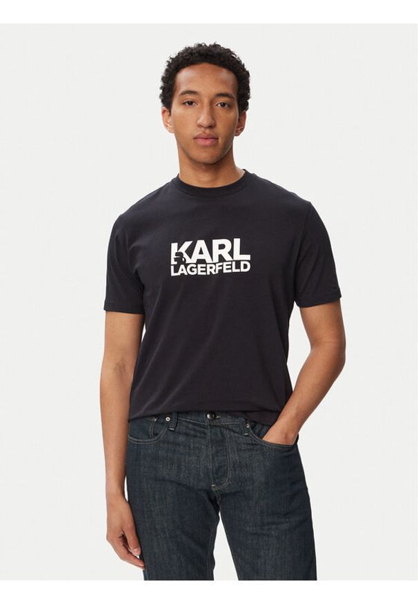 Karl Lagerfeld - KARL LAGERFELD T-Shirt 755780 563235 Granatowy Regular Fit. Typ kołnierza: dekolt w karo. Kolor: niebieski. Materiał: bawełna