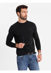 Ombre Clothing - Longsleeve męski SLIM FIT z elastanem i printem – czarny V1. Okazja: na co dzień. Kolor: czarny. Materiał: elastan. Długość rękawa: długi rękaw. Wzór: nadruk. Styl: casual #3