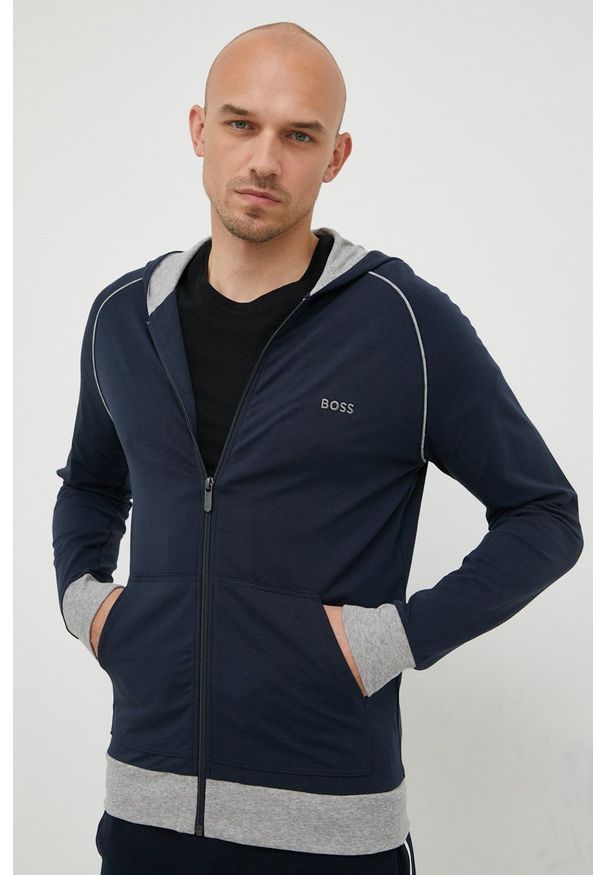 BOSS bluza 50469540 męska kolor granatowy z kapturem gładka. Typ kołnierza: kaptur. Kolor: niebieski. Długość rękawa: raglanowy rękaw. Wzór: gładki