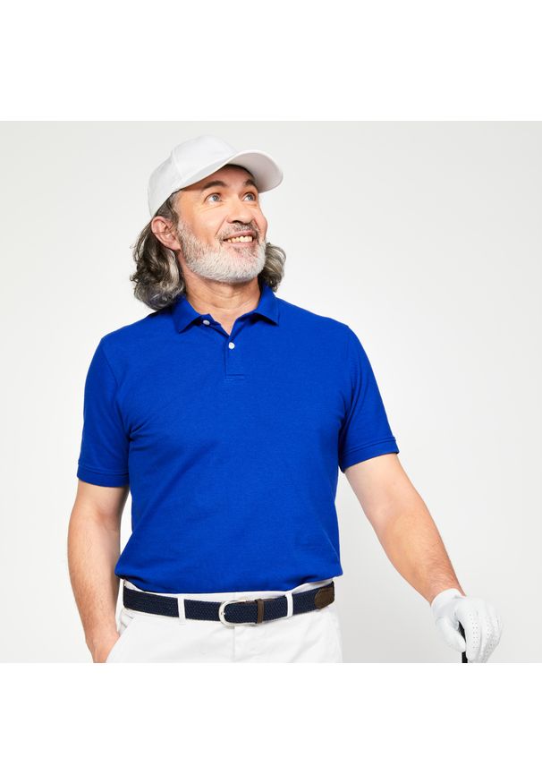 INESIS - Koszulka polo do golfa z krótkim rękawem męska Inesis MW500. Typ kołnierza: golf, polo. Kolor: niebieski. Materiał: bawełna, materiał, poliester. Długość rękawa: krótki rękaw. Długość: krótkie. Wzór: ze splotem. Styl: klasyczny