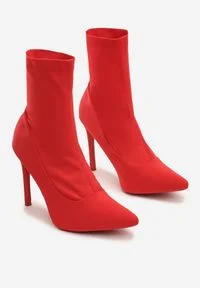 Renee - Czerwone Botki Sensually. Nosek buta: szpiczasty. Kolor: czerwony. Materiał: materiał, satyna. Szerokość cholewki: normalna. Obcas: na szpilce #6