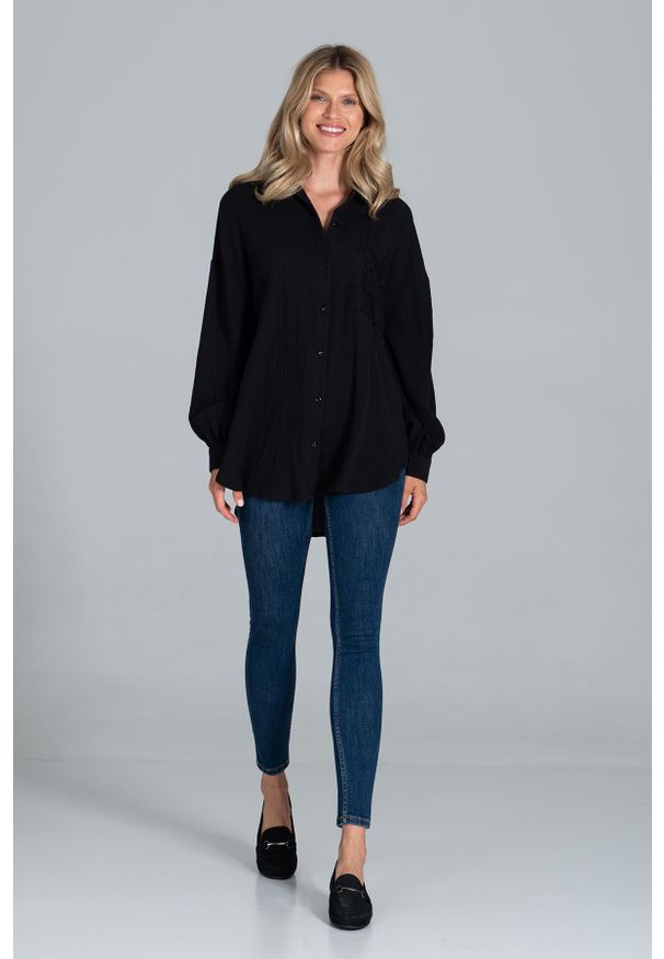 Figl - Oversizowa Koszula Bawełniana - Czarna. Kolor: czarny. Materiał: bawełna