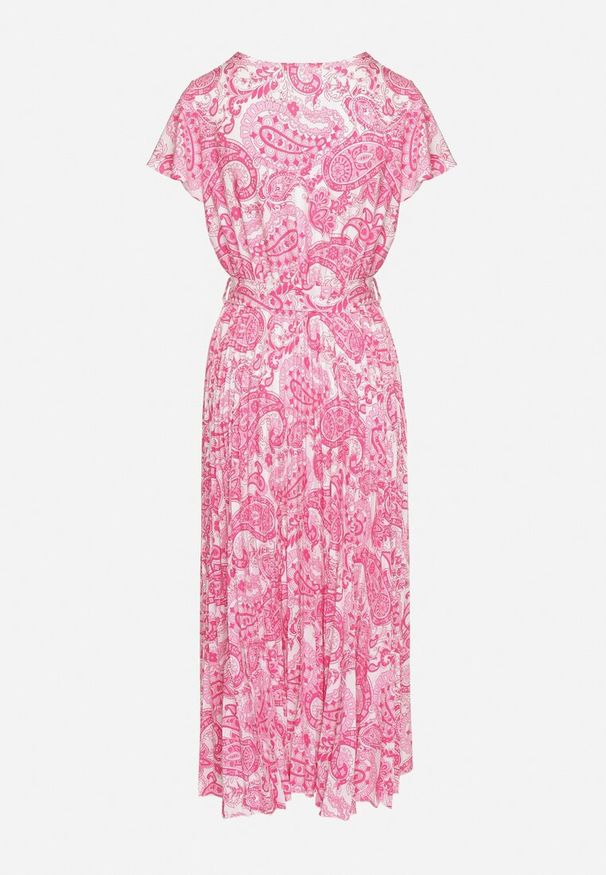 Born2be - Różowa Sukienka z Kopertowym Dekoltem z Gumką w Talii i Materiałowym Paskiem Xelovia. Okazja: na co dzień. Kolor: różowy. Materiał: materiał. Typ sukienki: kopertowe. Styl: elegancki, casual