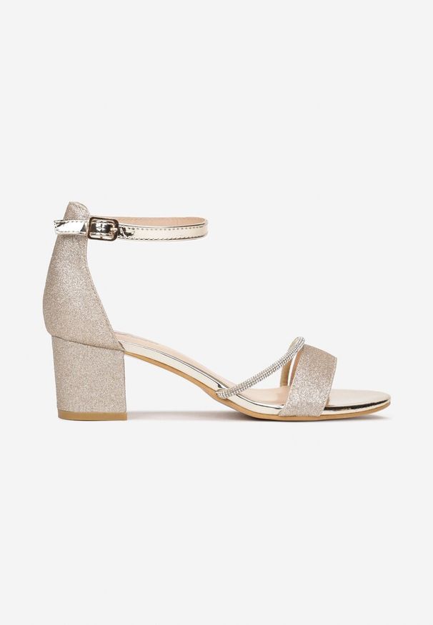 Born2be - Złote Sandały na Słupku z Brokatem i Paskiem z Cyrkonii Fih. Zapięcie: pasek. Kolor: złoty. Obcas: na słupku