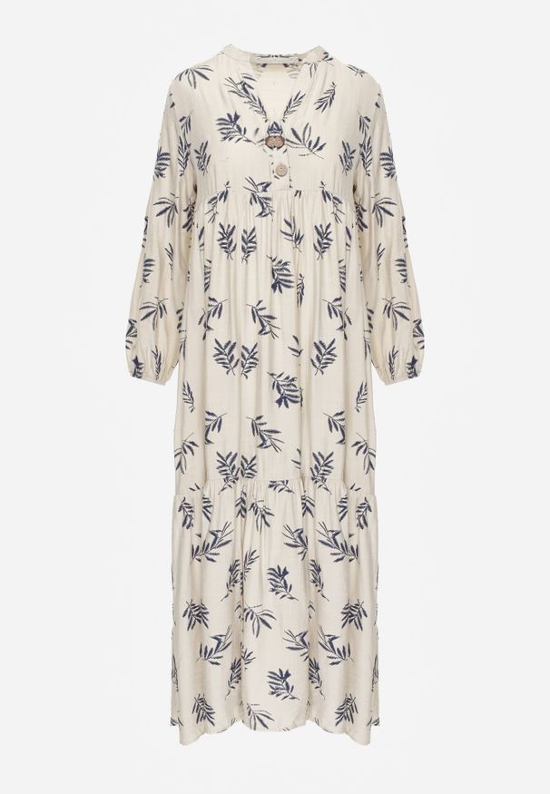 Renee - Jasnobeżowa Wiskozowa Sukienka o Rozkloszowanym Kroju z Guzikami przy Dekolcie Seave. Okazja: na co dzień. Kolor: beżowy. Materiał: wiskoza. Wzór: nadruk. Typ sukienki: rozkloszowane, oversize. Styl: boho, casual