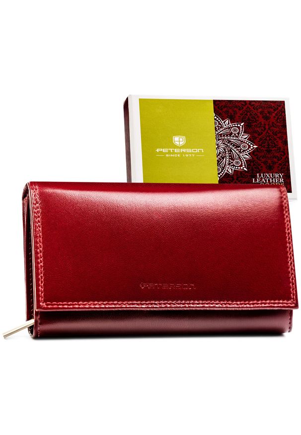 Skórzany portfel damski w czerwonym kolorze zamykany na zatrzask - Peterson. Kolor: czerwony. Materiał: skóra