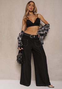 Renee - Czarne Szerokie Spodnie High Waist z Wiskozą z Ozdobnymi Przeszyciami Linadia. Okazja: na co dzień. Stan: podwyższony. Kolor: czarny. Materiał: wiskoza. Wzór: aplikacja. Styl: casual, elegancki