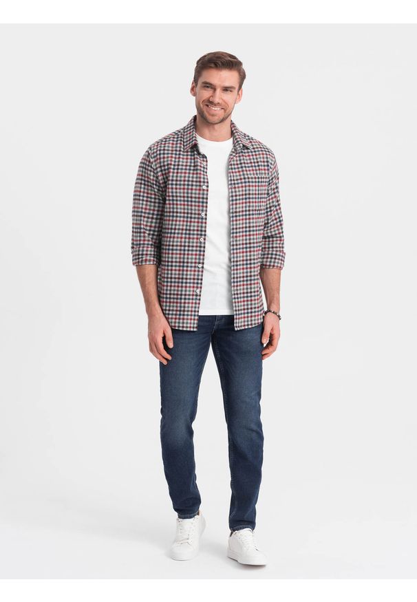 Ombre Clothing - Męska flanelowa koszula w kratę - granatowo-czerwona V3 OM-SHCS-0150 - XL. Kolor: czerwony. Materiał: bawełna. Styl: klasyczny