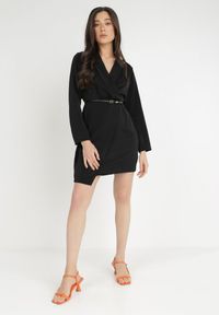 Born2be - Czarna Sukienka Tryphala. Typ kołnierza: dekolt w kształcie V. Kolor: czarny. Materiał: tkanina. Długość rękawa: długi rękaw. Wzór: aplikacja, gładki, jednolity. Typ sukienki: kopertowe. Styl: klasyczny. Długość: mini #2