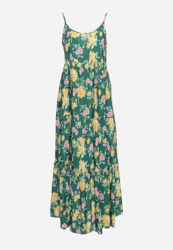 Born2be - Zielona Sukienka z Wiskozy na Cienkich Ramiączkach z Falbanką Jrinesa. Okazja: na co dzień. Kolor: zielony. Materiał: wiskoza. Długość rękawa: na ramiączkach. Sezon: lato. Typ sukienki: oversize. Styl: casual, elegancki